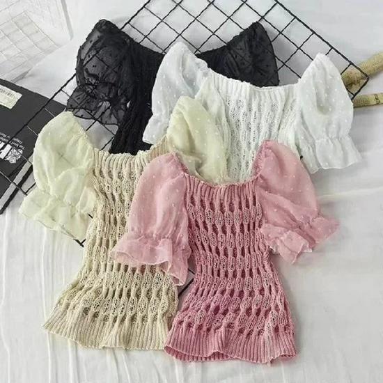 2025 Summer Women's French Square Neck Hollow-Out Puff Sleeve Knit Top