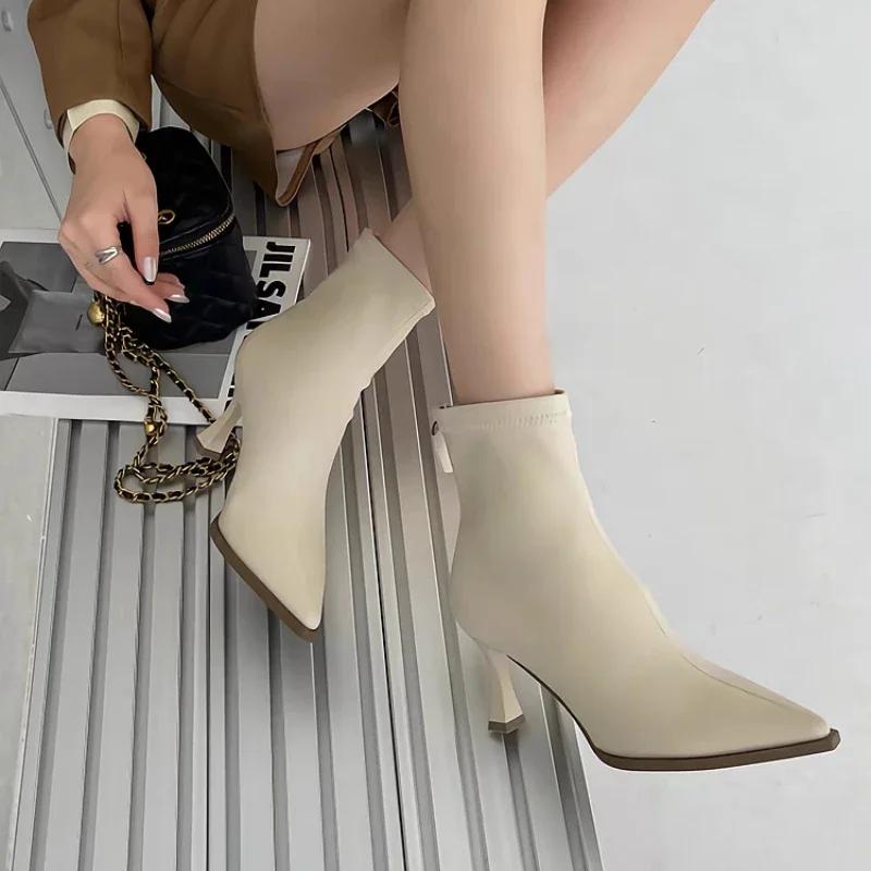 Модные осенние женские туфли на каблуке, модные застегивающиеся сзади заостренные носки на тонком каблуке, женские ботинки челси, женские ботильоны