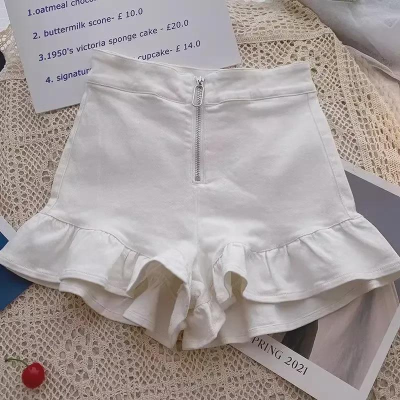 Женские белые шорты с широкими штанинами и оборками на молнии 2024 года — облегающие повседневные шорты с высокой талией