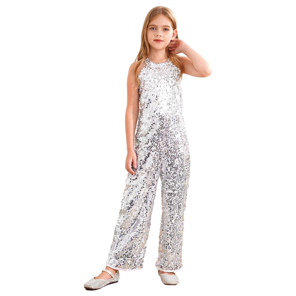 Girls Shiny Sequin Romper Halter Neck Wide Leg Pants One Piece Jumpsuit Sleeveless Party Dancing Outfit