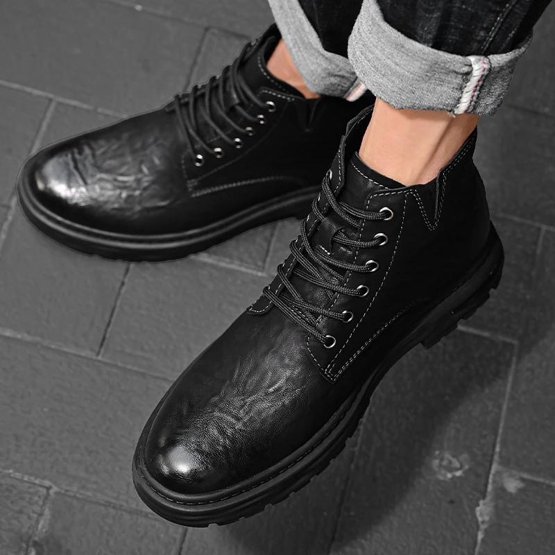 Ботинки в стиле ретро для работы, туфли на толстой подошве с высокой посадкой, мужские ботинки из натуральной кожи, повседневные короткие ботинки, мужские деловые формальные ботинки