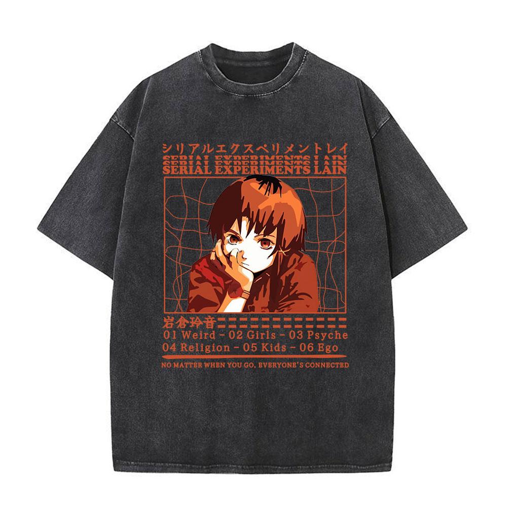 Serial Experiments Lain Anime Vintage Washed T-Shirt Manga Iwakura Girl Sci Fi Short Sleeve T-shirts 100% Cotton Casual T Shirt
