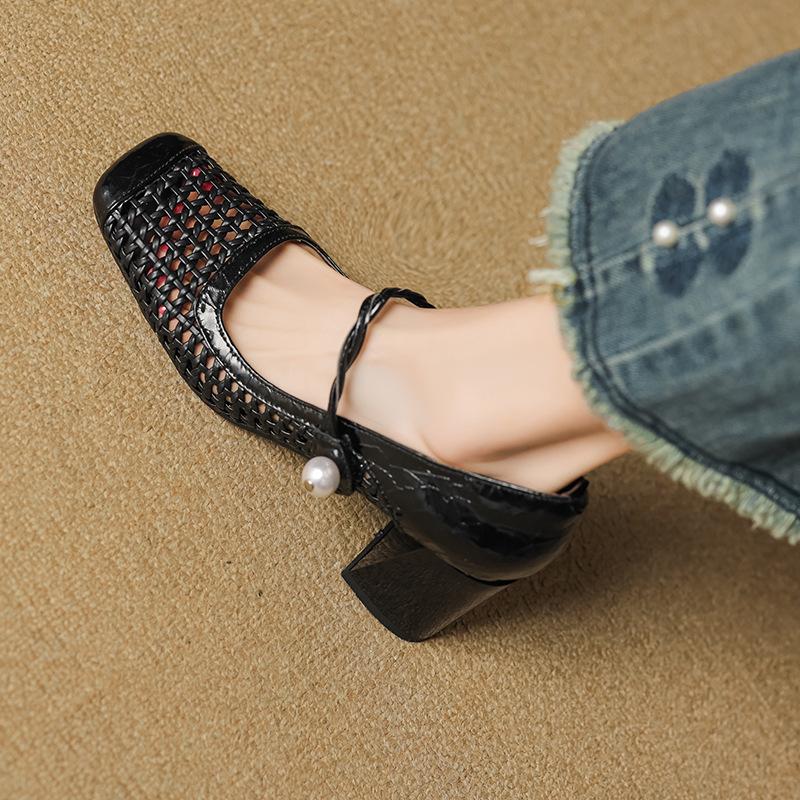 Французские плетеные ажурные туфли-лодочки летние дышащие с квадратным носком на высоком каблуке из ПУ кожи туфли Мэри Джейн Zapatos De Mujer