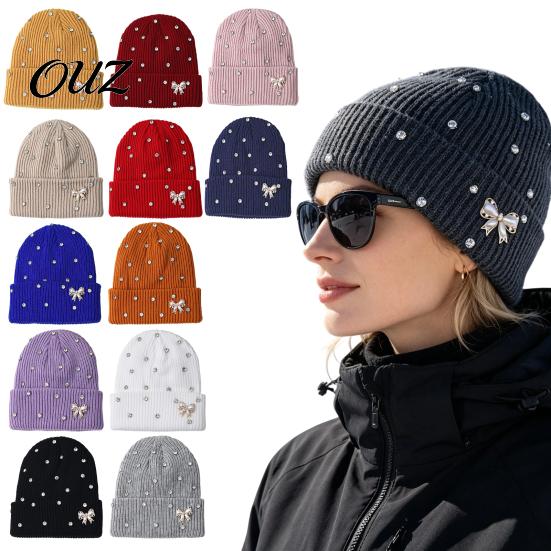 Stylish Winter Accessory for Girls Sparkly Knitted Hat, Women Rhinestone Knit Hat with Faux Pearl Bow, Comfortable Ear Protection Warm Stretch Cuffed