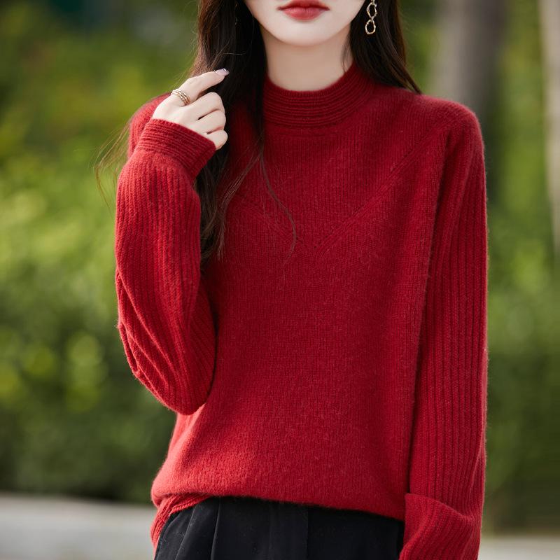 Women's 100% Pure Wool Hollow Out Half High Collar Loose Sweater