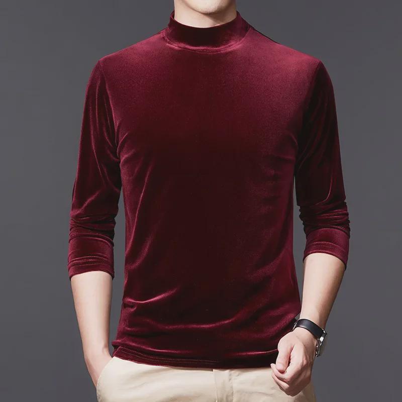 Мужская футболка из золотистого бархата с полувысоким воротником и длинными рукавами на осень/зиму 2022 г.