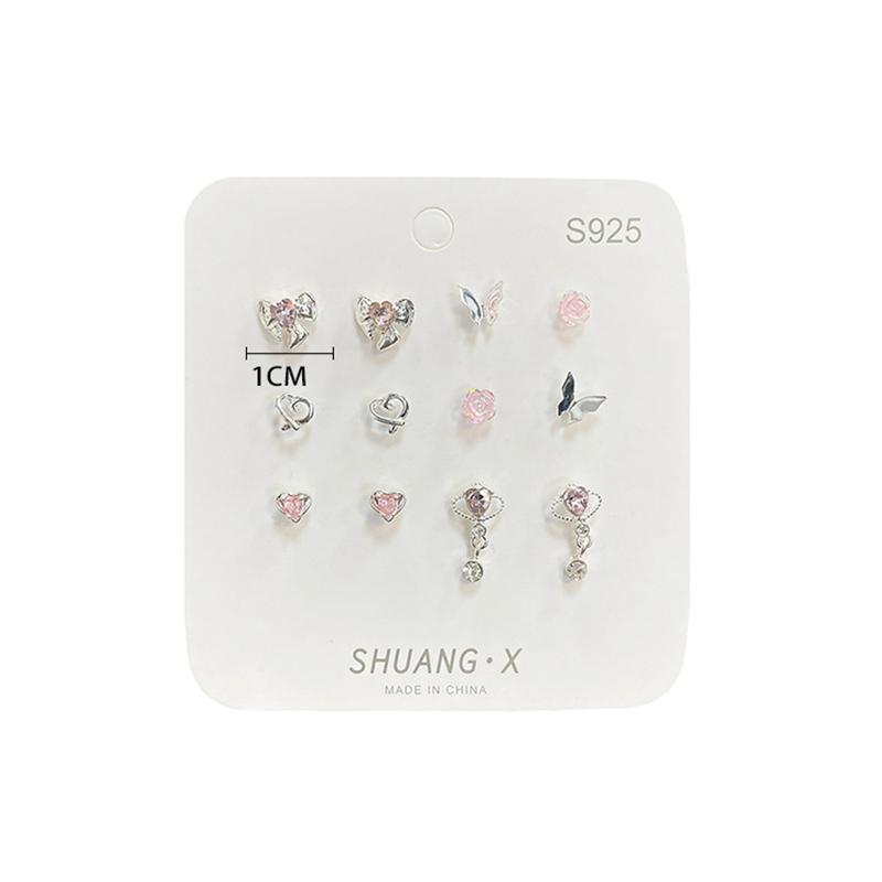 1Set Korea Cute Pink Heart Little Stud Earrings Sweet Cool Love Zircon Ear Studs Aesthetic Earrings Girl Jewelry Gift