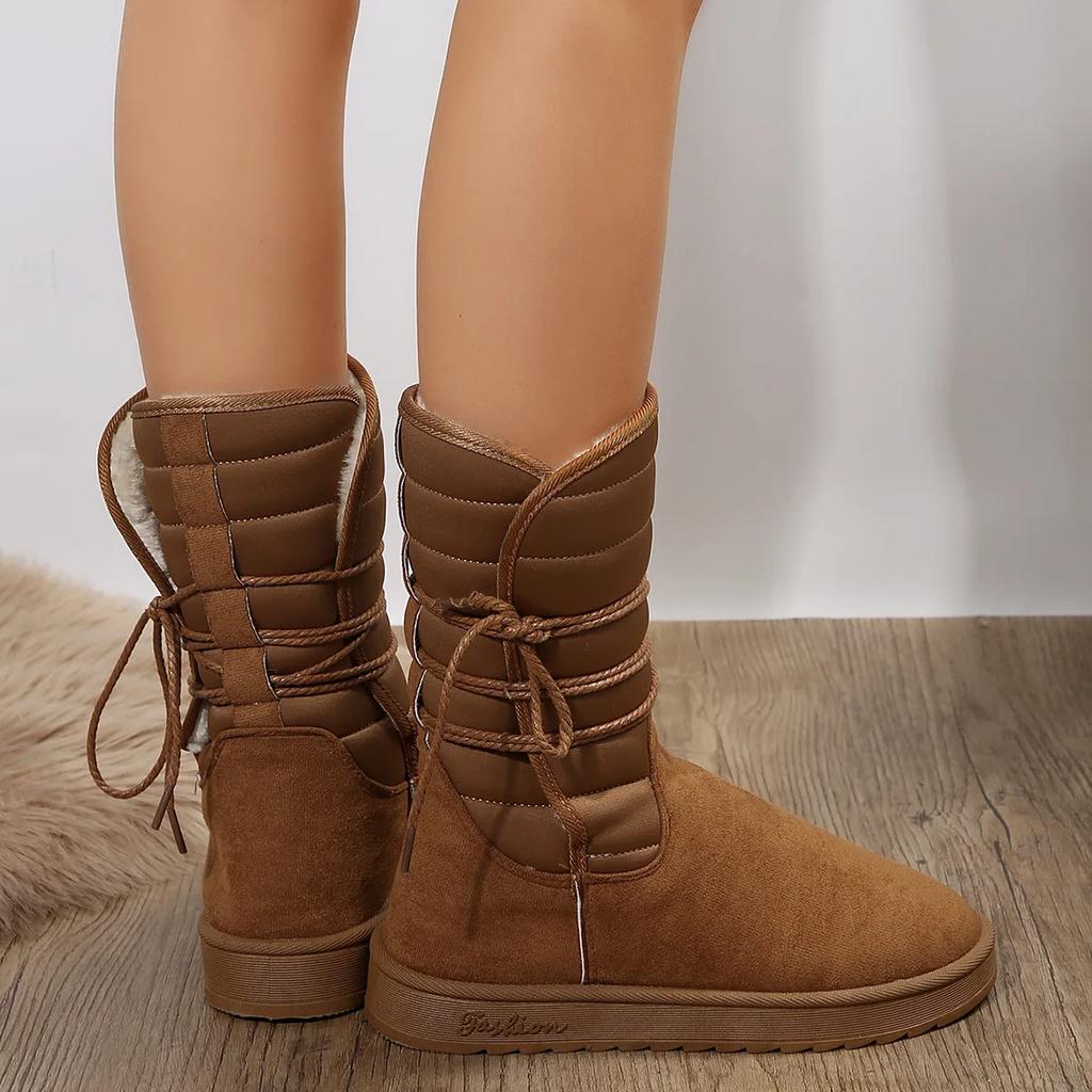 Большой размер до середины икры Зимние сапоги Женские 2025 Зима Новые Теплые Женские Хлопковые Сапоги на Платформе Шнуровка Мех Водонепроницаемая Обувь для Женщин