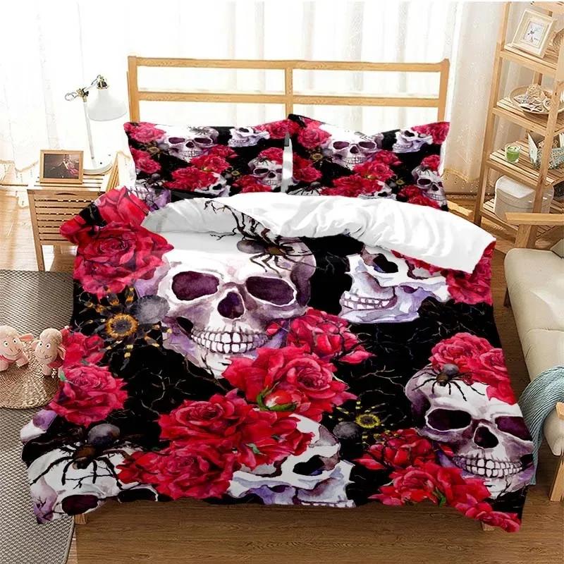 Sugar Skull Duvet Cover Set Queen Size Flowers Skeleton Bed Linen Double Bedding Set With Pillowcase King Size Skull Quilt Cover