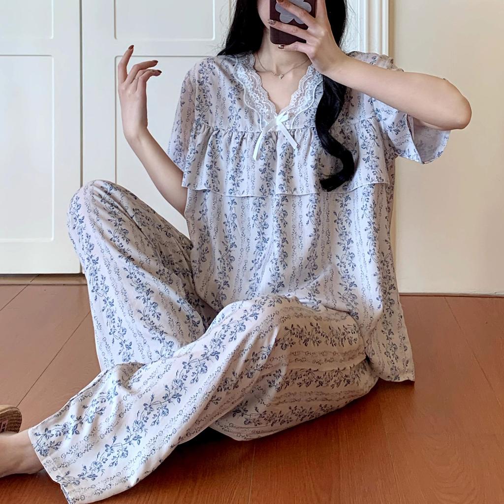1011 new cotton and silk pajamas women's summer thin short-sleeved trousers set loose Korean version fresh and anti-bumping home