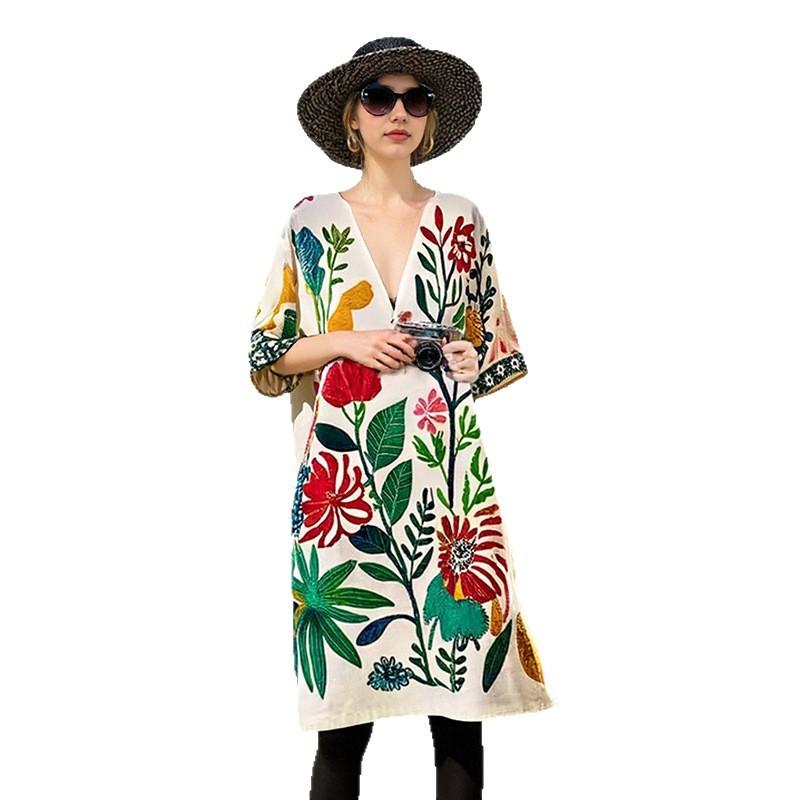 New Casual Printed Beach Dress, Loose Long Robe, Vacation V-neck Cotton and Linen Midskirt