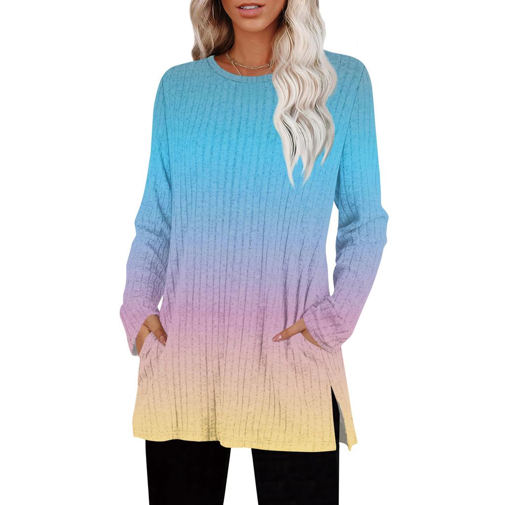 Womens Sweaters Crewneck Long Sleeve Shirts With Pockets Fall Outfits  Fashion Winter Clothing Side Slit