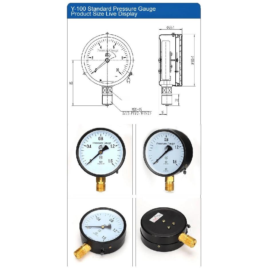 Y-150 Pressure Gauge Vacuum Gauge Industrial Oil Filled Air Compressor 150mm M20x1.5 Negative Pressure Chemical Medical