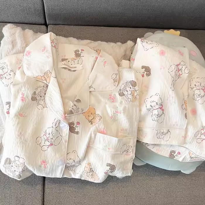 Fun Letter Bear Print Pajamas for Women Cartoon Sweet Cute Casual Women 2 Piece Set Homewear Simple Sleepwear Pajamas Set