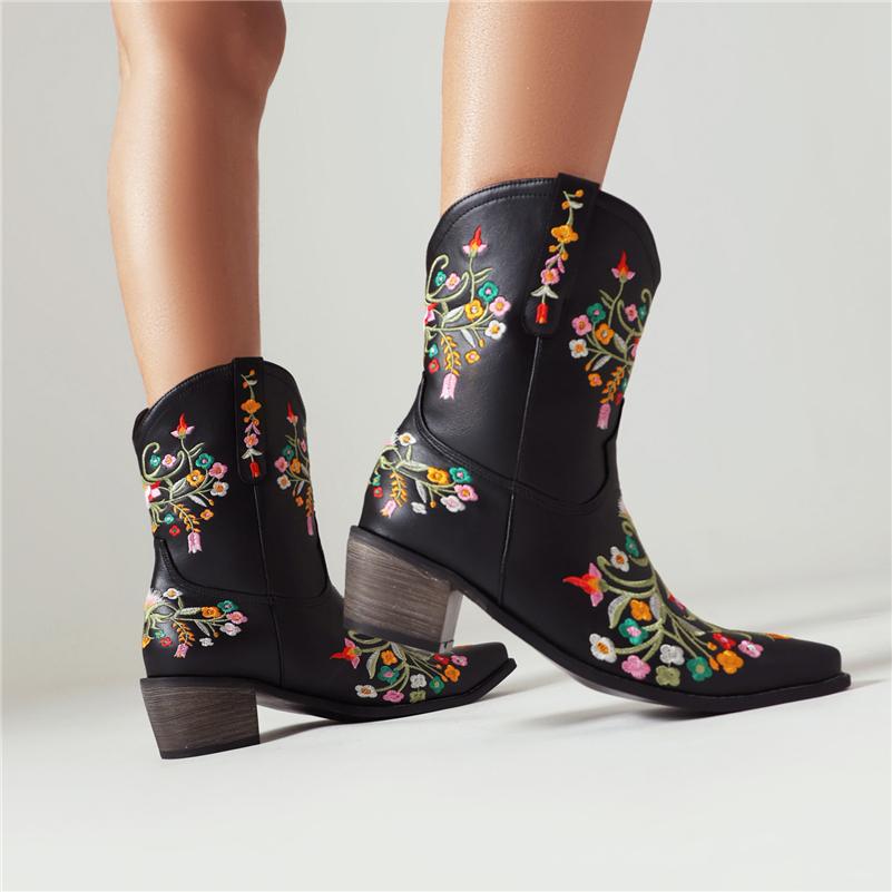 Женские ковбойские полусапоги до щиколотки с квадратным носком на толстом среднем каблуке и вышивкой в ​​стиле вестерн, ковбойские сапоги, женская обувь, зимняя обувь 46