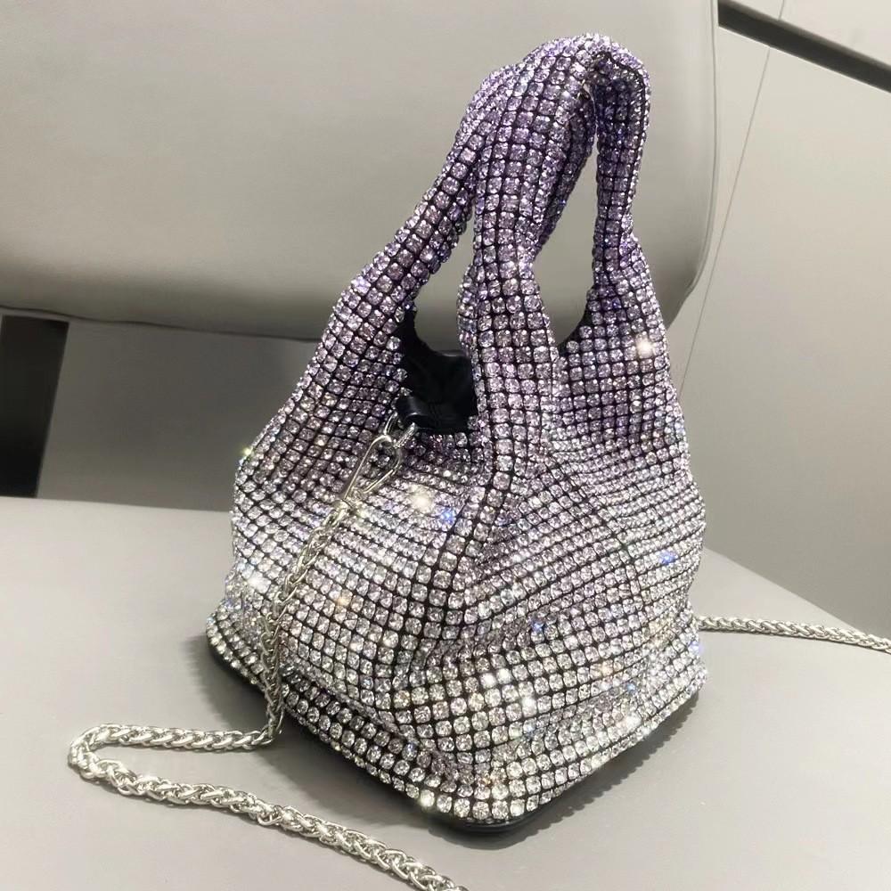 Rhinestone-Filled Bag Women'S Diamond-Studded Dinner Bucket Bag Rhinestone-Studded Chain Bag Shiny Hand-Held Crossbody Bag