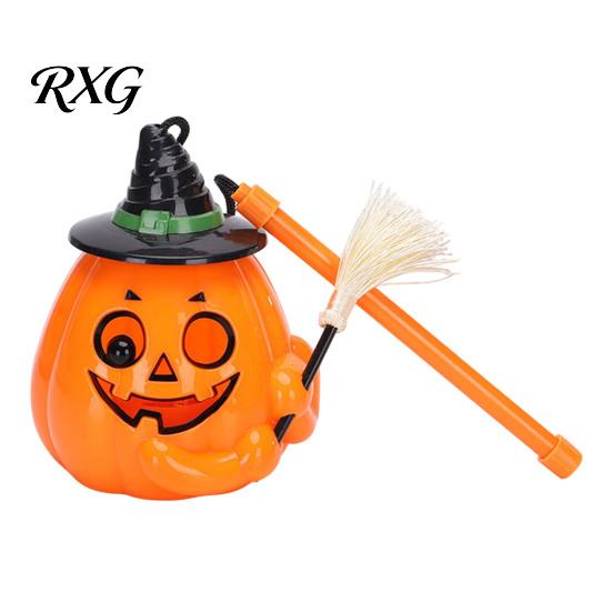 Light Up Pumpkin Decor Glowing Halloween Lantern, Jack O Lantern with Witch Hat Broom, Candy Collecting Decor, Trick or Treat Prop for Kids