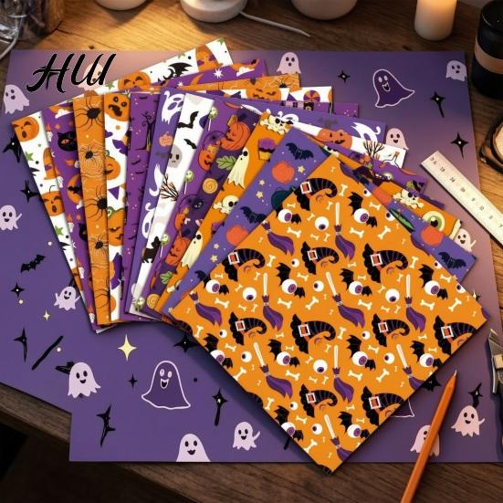 Classic Halloween Elements Stickers 12 Sheets Scrapbook Paper Set, 6x6in Double-Sided Craft Paper, Pumpkin Themed PaperPack Ghost Bat Pattern