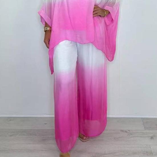 Summer Chiffon Gradient 2 Piece Set for Women Plus Size Crew Neck