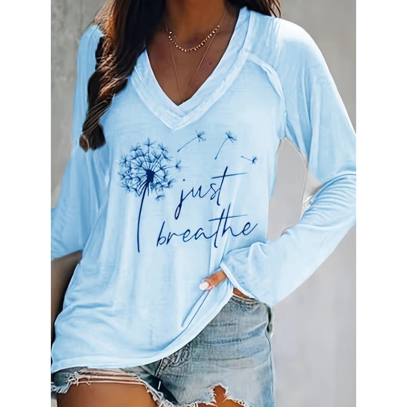 Dandelion print V-neck T-shirt casual long-sleeved top