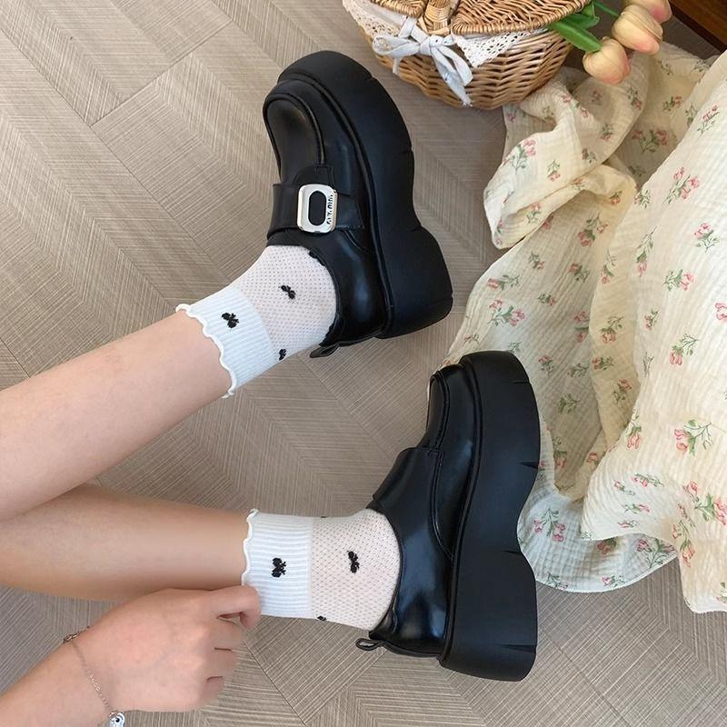 Platform British Style Small Leather Shoes Women's Thick Autumn High Heel One Pedal French Loafers Versatile Height-increasing Small Shoes