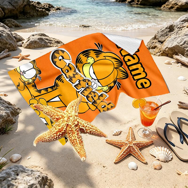 Custom Name Personalized Garfield Print Beach Towel, for Trip Camping Beach Party Home Decor, Birthday Gift for Family & Friends