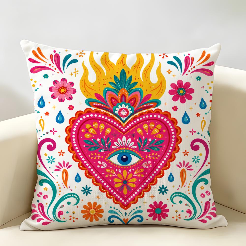 Fashion Art Mexican Milagro Hearts Cushion Cover Durable Hypoallergenic Linen Pillow Cover Short Size Washable SkinFriendly