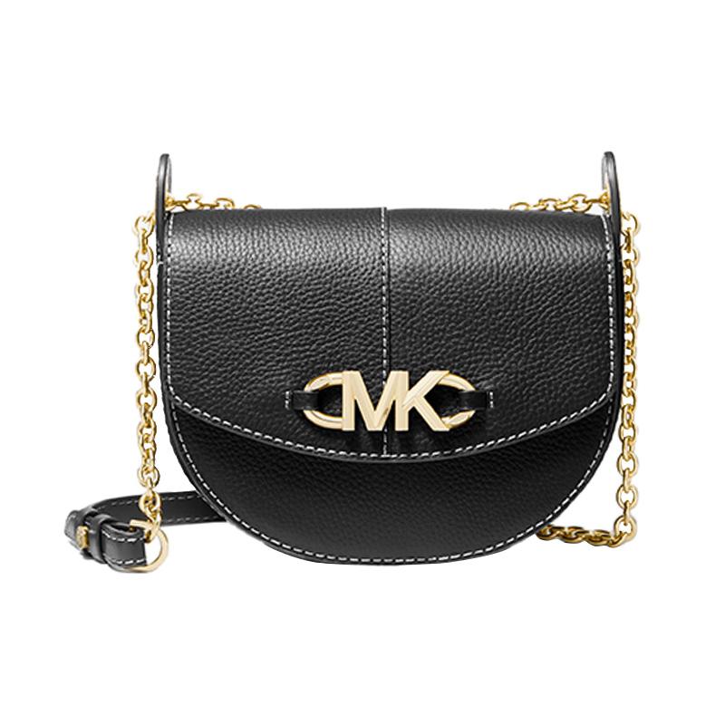 Michael Kors Сумка-седло Izzy, цепочка, однотонная, ретро, французский, большой логотип, коровья кожа, сумка через плечо, маленький размер, женская, чисто черная