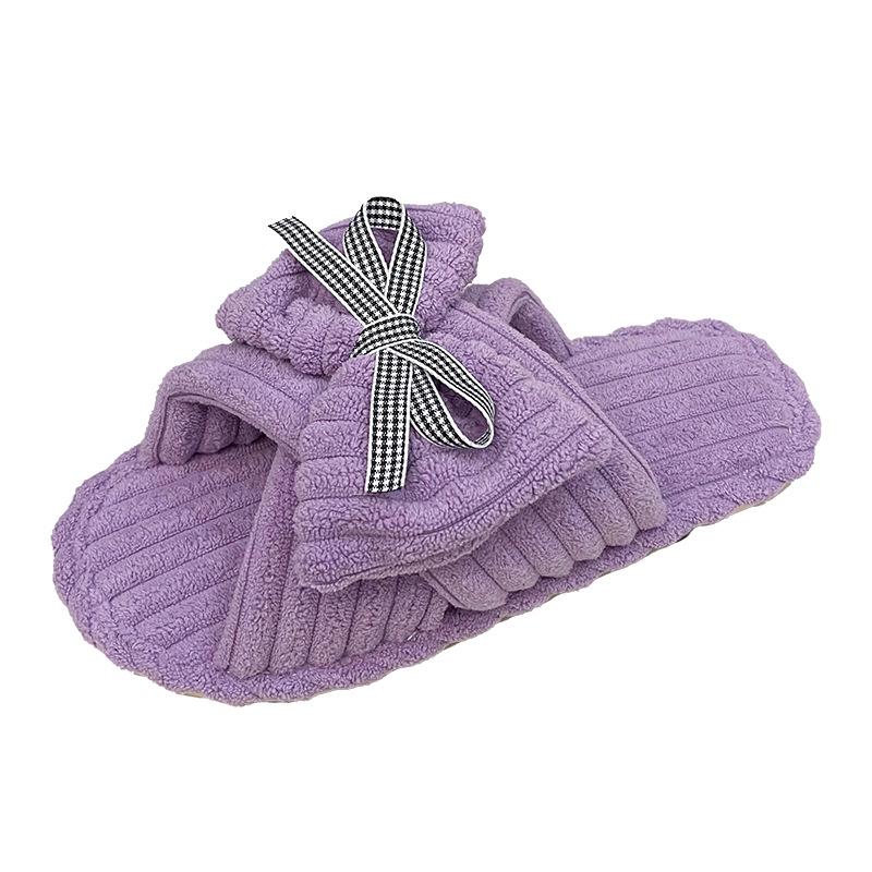 2024 Winter Women's Indoor Casual Slippers Bow Fluffy Shoes Cross Design Slippers Ladies Soft Warm Plush Slippers