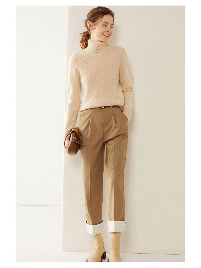 Женский кашемировый свитерок крупной вязки с высоким воротником большого размера - Плотный свободный пуловер на осень/зиму