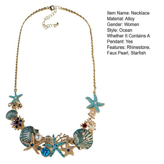 Exaggerated Women Necklace Ocean Theme Starfish Coral Shell Faux Pearl Rhinestone Decor Adjustable Length Lady Vacation Beach Neck Jewelry