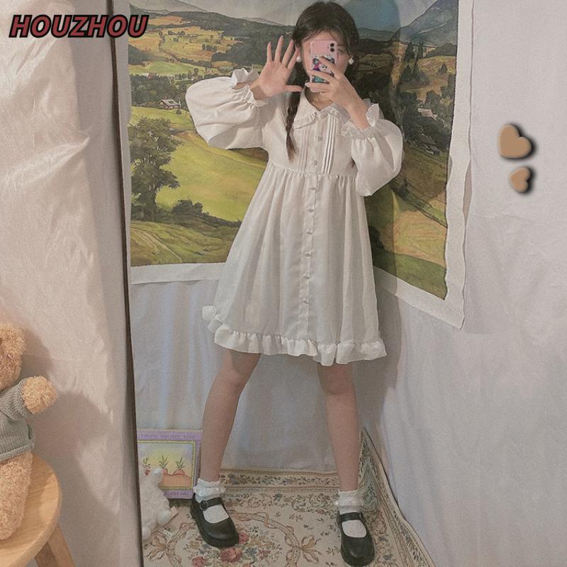 Платье Kawaii Sweet Lolita, белые платья с длинными рукавами, весна-осень, оборки, воротник Питера Пэна, свободное платье на пуговицах в консервативном стиле