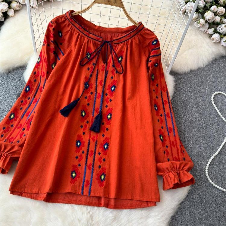 Summer Vintage Women Blouse Embroidered Puff Sleeve Color Block Ethnic Style Camisa Feminina Casual Tops