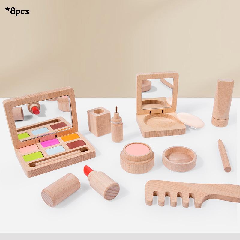 Wooden Pretend Play Makeup Toys For Girls Simulation Cosmetics Kit Toddler Lipstick Eye Shadow Sets Beauty Dress Up Gift For Kid