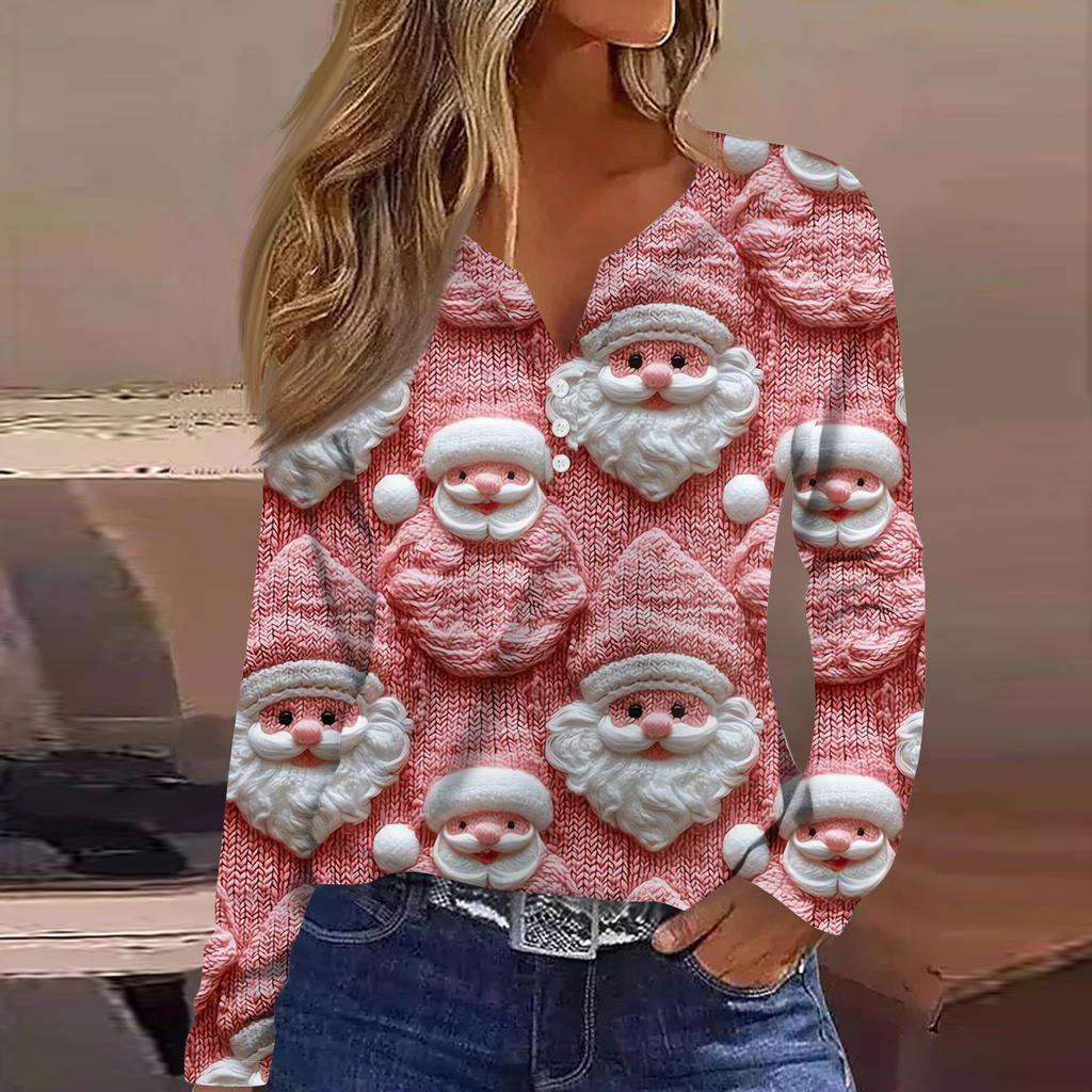 Женская модная повседневная футболка с V-образным вырезом, на пуговицах, с длинным рукавом, с рождественским принтом