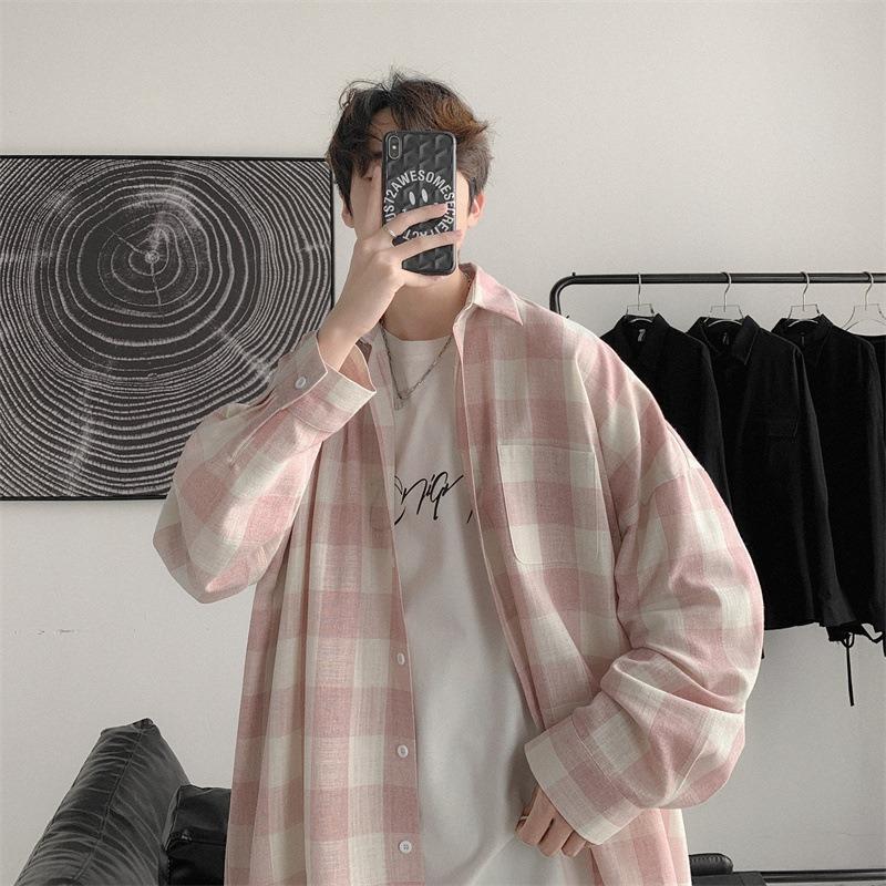 Осенняя клетчатая рубашка мужская с длинными рукавами в стиле Гонконга, классная повседневная рубашка