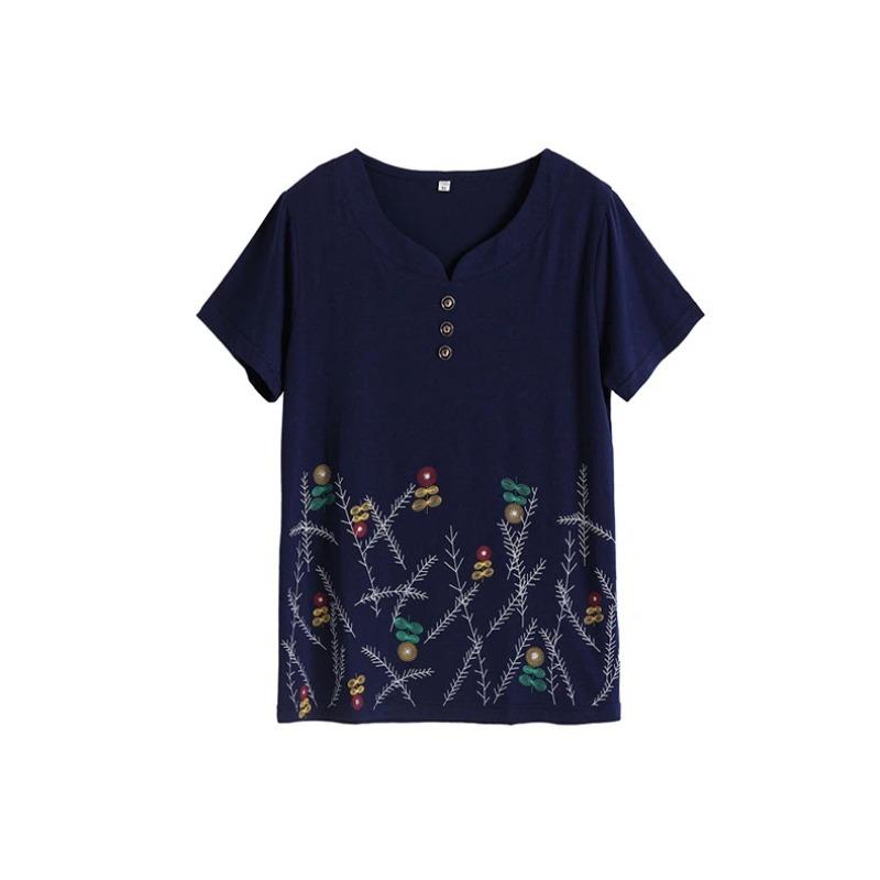 Women Loose V Neck Short Sleeve Printed Cotton T Shirt Middle Aged Mom Casual Top