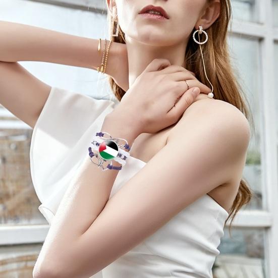 Round Palestine Flag Decor Bracelet Multi Layer Adjustable Handmade Bracelet Metal Letter Knot Faux Leather Wristband Jewelry Gift