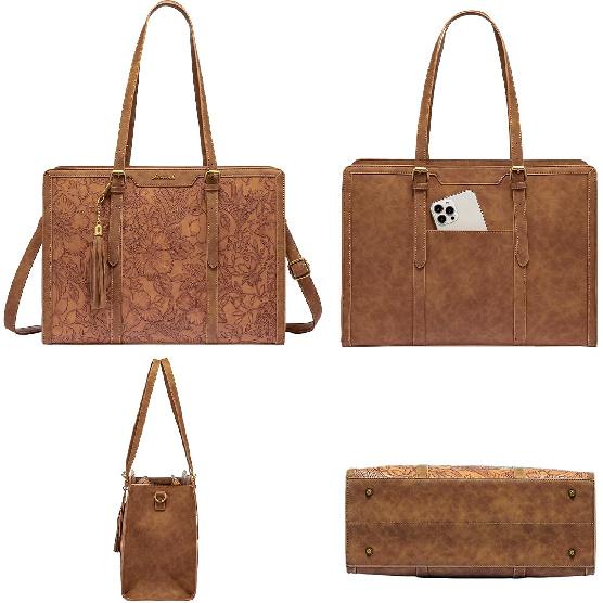 LOVEVOOK Laptop Bag for Women, Vintage Leather 15.6 Inch Work Tote with Large Cup Holder, Teacher Professional Computer Bag with Clutch Purse and