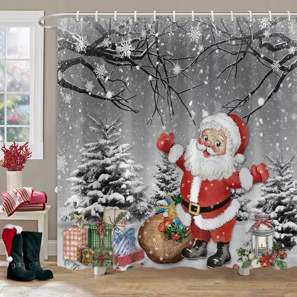 Merry Christmas Shower Curtain Winter Red Truck Snowman Reindeer Snow Farmhouse Shower Curtain Washable Polyester Bathroom Decor
