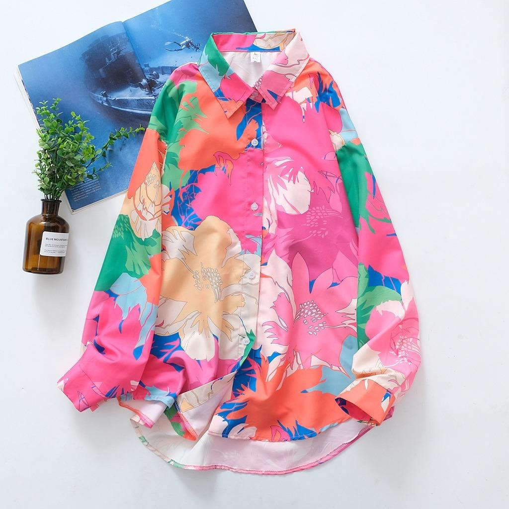 Женская новая модная рубашка с цветочным принтом и длинными рукавами, свободным воротником
