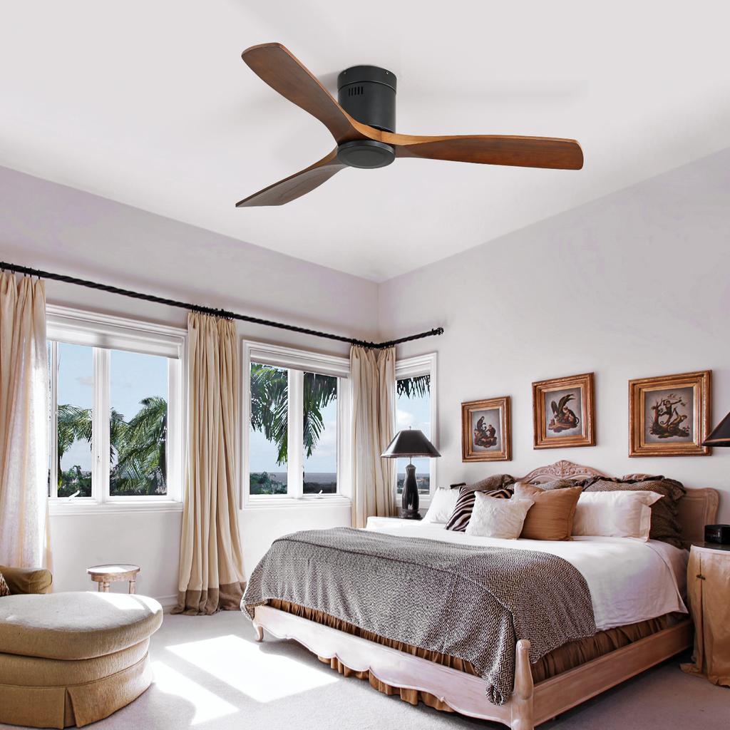 52 Inch Low-Profile DC Ceiling Fan with 3 Artistically Crafted Wood Blades, Silent Reversible Motor and Remote Control, without Lighting