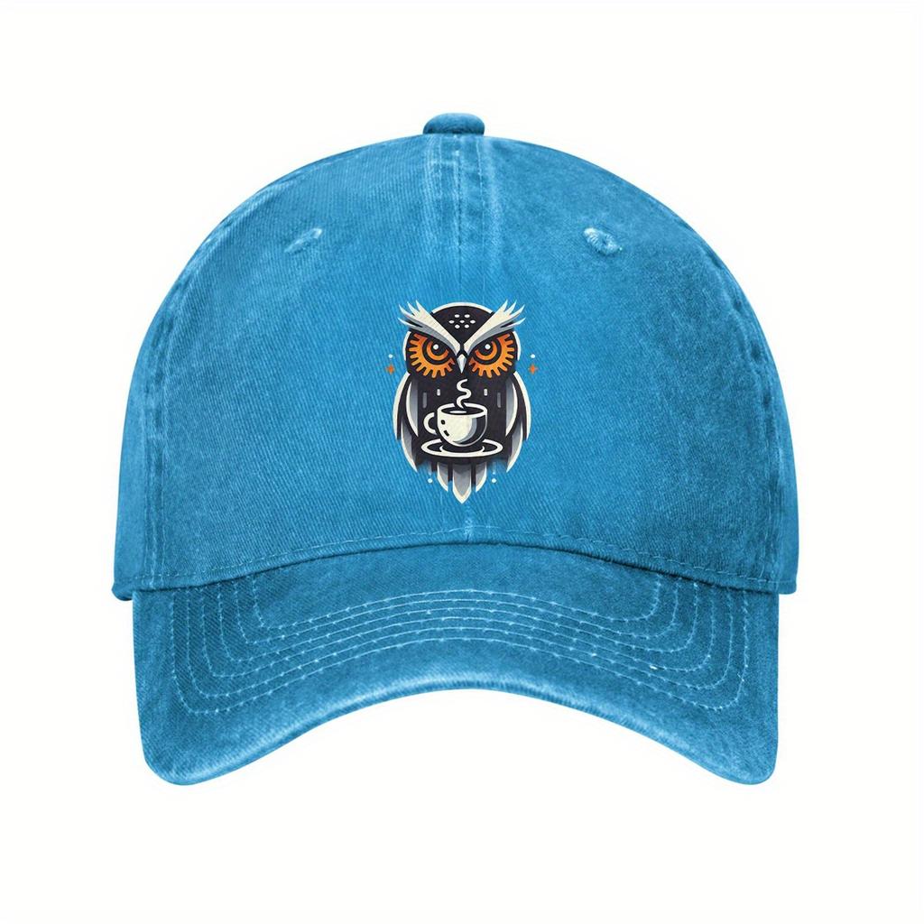 Coffee Owl Graphic Baseball Cap Vintage Washed Cotton Adjustable Unisex Casual Hat