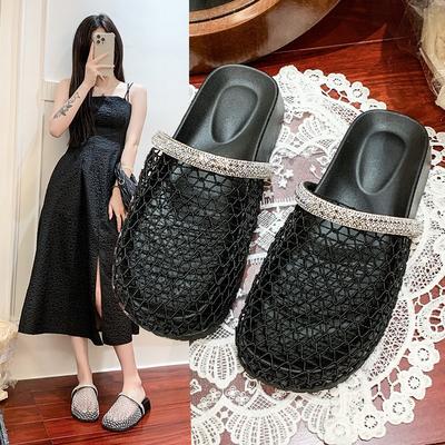 2025 лето новый рыболовная сетка поверхность полый страз сумка голова полушлепанцы женская обувь плоские повседневные пляжные крутые шлепанцы