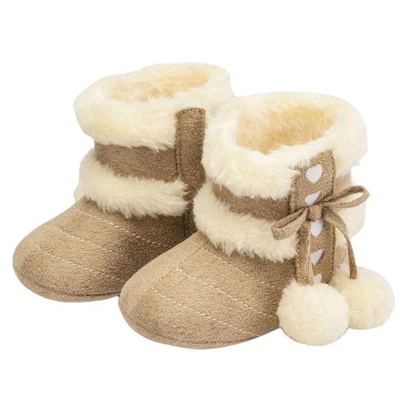 Зимние детские зимние сапоги для маленьких мальчиков и девочек, обувь на мягкой подошве, милые помпоны, флисовые сапоги для первых ходунков для малышей с плюшевой подкладкой, для новорожденных, От 0 до 18 месяцев