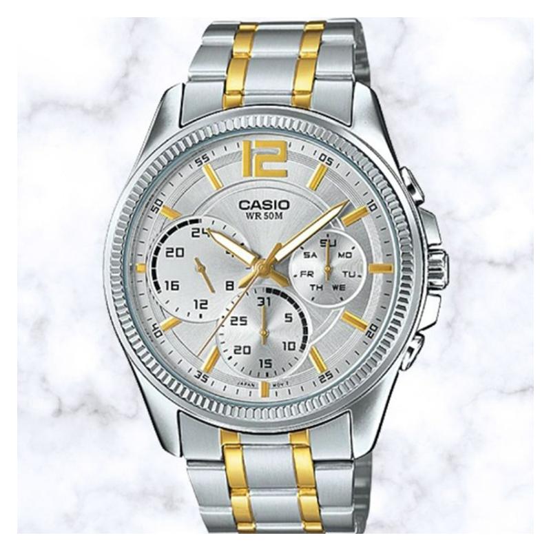 Casio Стандартная серия хронограф три циферблата водонепроницаемый кварцевый механизм стальной ремешок японские и корейские часы мужские часы MTP-E305SG-9AVDF