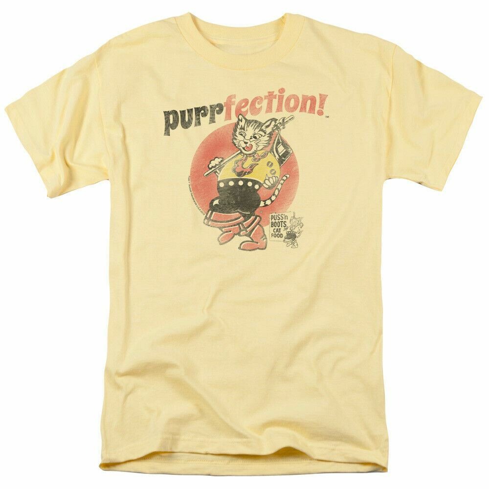 Puss N Boots Purrfection T Shirt Mens Licensed Cat Food Banana