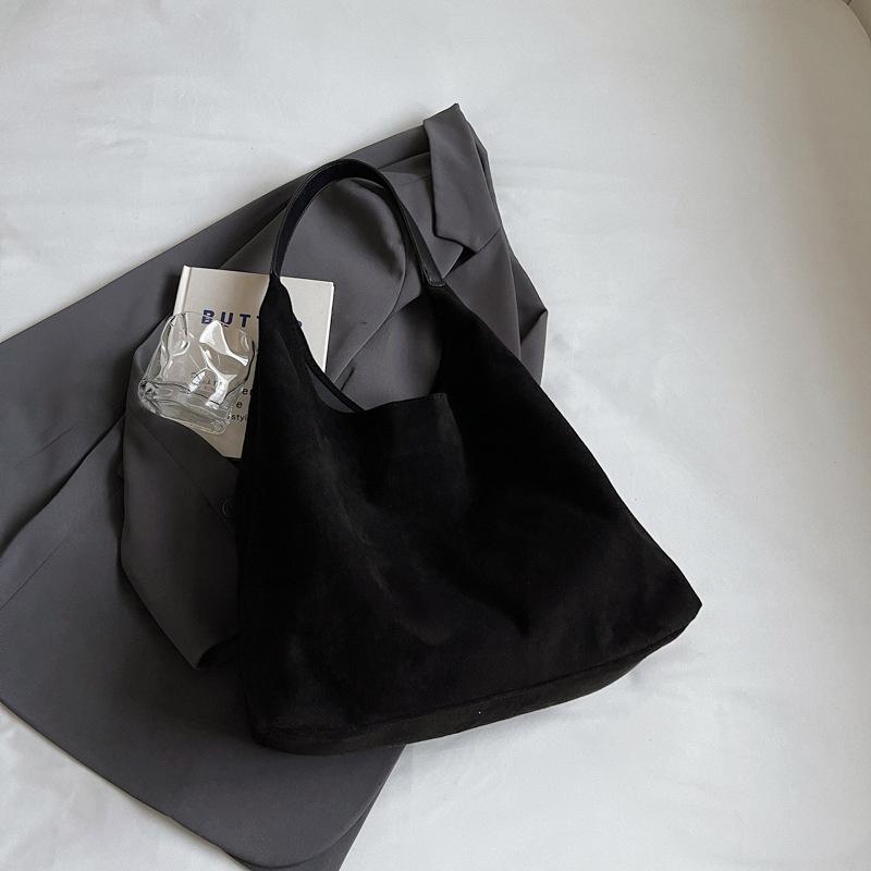 Women Suede Shoulder Bag Retro Single Shoulder Bag Large Capacity Simple Tote Handbag Solid Color Hasp Closure Top Handle Bag