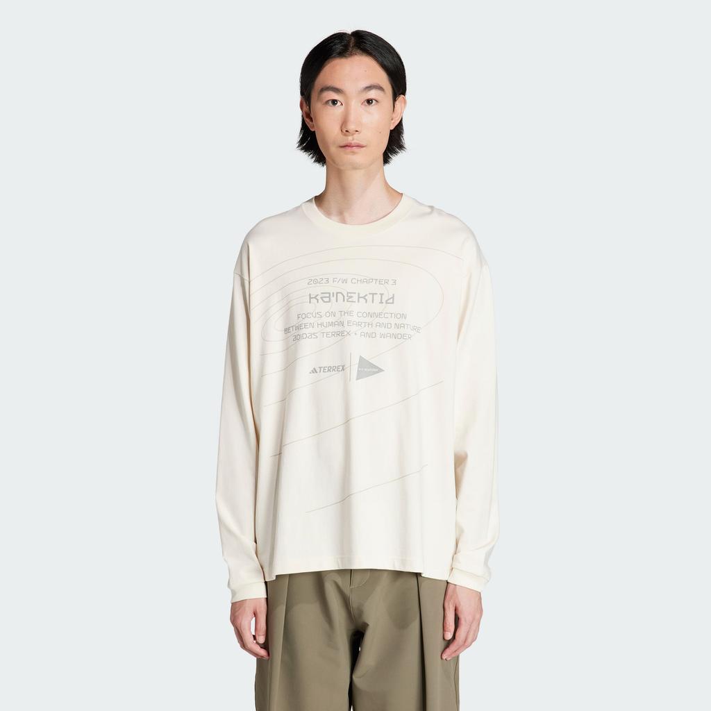 adidas Terrex X And Wander Collaboration FW23 Узор Печатный Спортивная Футболка Унисекс с Круглым Вырезом И Длинными Рукавами Топы Белые HZ0670