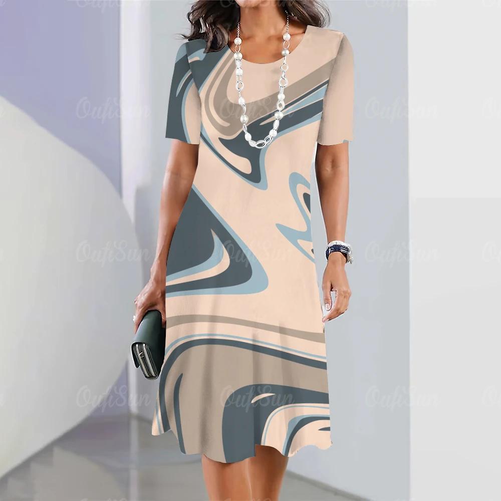 Summer Woman Dresses Women's Round Neck Short Sleeves Clothing Irregularly Streak Print Dress Clothing Loose Pullover Streetwear